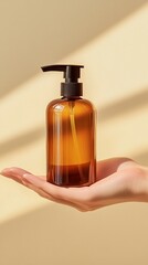 Amber glass pump bottle for cosmetics or skincare held in a hand against beige background with dramatic shadow, showcasing eco-friendly packaging design.