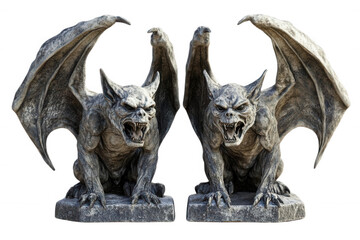 Pair of fierce gargoyle statues with detailed wings, isolated on transparent or white background