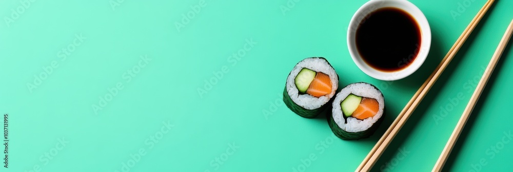 Poster Savor the delightful combination of a sushi roll with cucumber and salmon, paired with soy sauce and chopsticks on an eye-catching backdrop. Generative AI