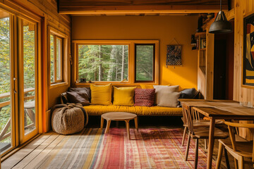 Fototapeta premium Warm and Cozy Tiny House Interior with Autumnal Colors: Fall-Inspired Design in Golden Yellow, Deep Red, Rustic Orange, and Forest Green 