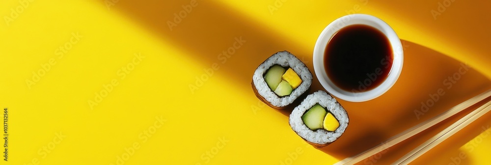 Poster a sushi roll filled with cucumber sits alongside a small bowl of soy sauce, with chopsticks resting 