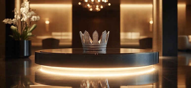 A silver crown sits on a rotating platform with a glowing ring of light. The platform is in the center of a large room with a blurred background.