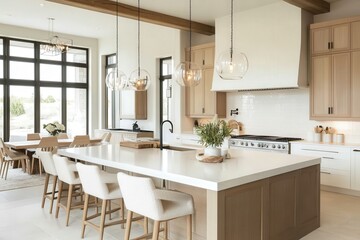 Modern kitchen with white countertops and wooden cabinets.