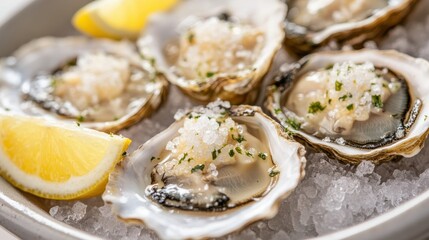 A close-up of oysters on the half shell, artistically displayed on a bed of ice, with lemon wedges and a sprinkling of sea salt for texture and color