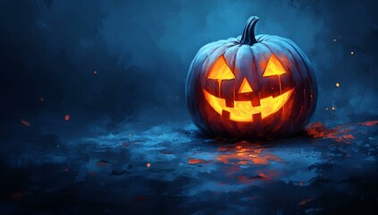 Naklejka premium a pumpkin with a face lit up