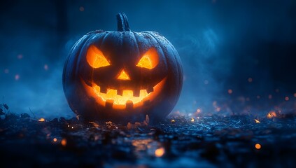 Naklejka premium a pumpkin with a face lit up