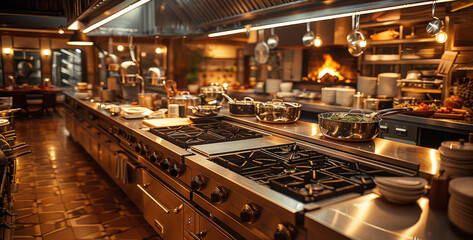 The kitchen of a luxurious restaurant, showcasing polished stainless steel countertops, high-end cooking appliances, and neatly arranged utensils. Warm lighting reflects off the surfaces.