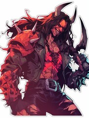 Obraz premium A red-skinned, horned man with long, dark hair wearing a leather jacket and holding a blade.