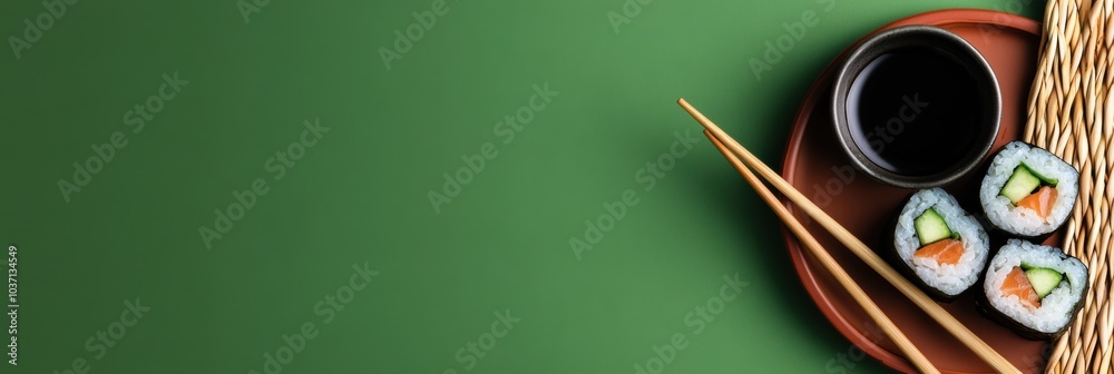 Poster Enjoy a delectable sushi roll filled with cucumber and accompanied by soy sauce and chopsticks against a colorful backdrop. Generative AI