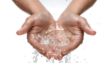 Pouring water into woman's hands on white background, closeup