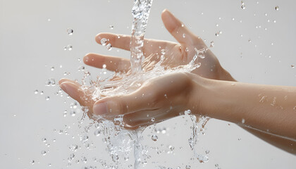 Fototapeta premium Pouring water into woman's hands on white background, closeup