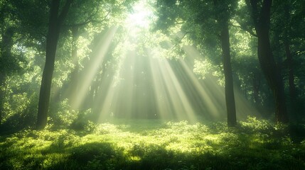 Obraz premium A serene forest scene with sunlight streaming through lush green trees, casting rays of light onto the vibrant undergrowth.