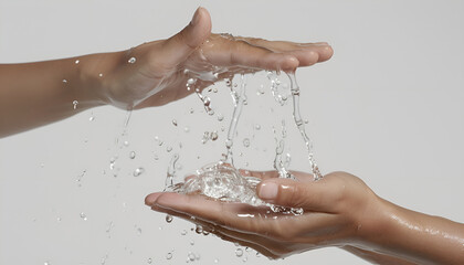 Fototapeta premium Pouring water into woman's hands on white background, closeup
