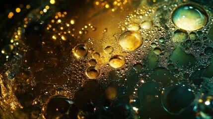 A close-up of oil droplets floating on the surface of simmering soup, with light reflecting off the bubbles to create an abstract pattern
