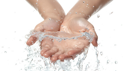 Fototapeta premium Pouring water into woman's hands on white background, closeup