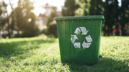 Recycling bin in a sunny garden on a grass field, promoting environmental consciousness and waste sorting