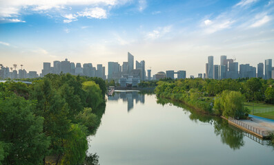 Park forests and the skyline of Hangzhou, China