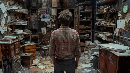 Fototapeta premium Man Standing in a Cluttered Vintage Room Filled with Books and Papers