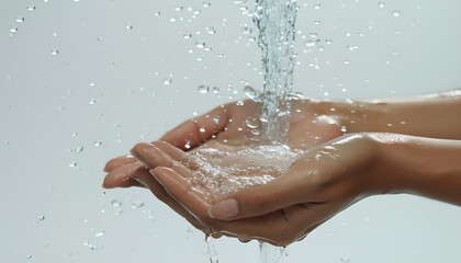 Fototapeta premium Pouring water into woman's hands on white background, closeup