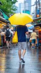 Busy street market, people carrying bags, vibrant colors, bustling city life,