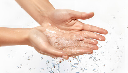Pouring water into woman's hands on white background, closeup