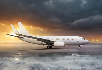 Fototapeta premium Aircraft at non-flying weather. Winter snow storm at airport.