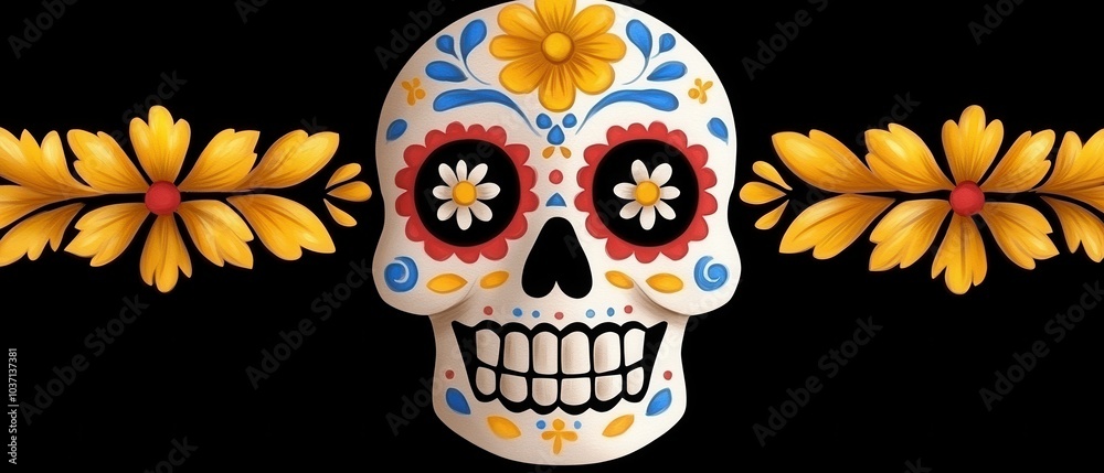 Sticker Day of the Dead Skull with Flowers.