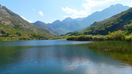 Fototapeta premium A serene lake surrounded by tall mountains and lush greenery, perfect for outdoor adventures.