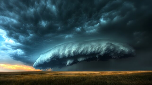 53. A dramatic view of a thunderstorm rolling over the plains, with dark clouds and flashes of lightning