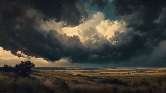 53. A dramatic view of a thunderstorm rolling over the plains, with dark clouds and flashes of lightning