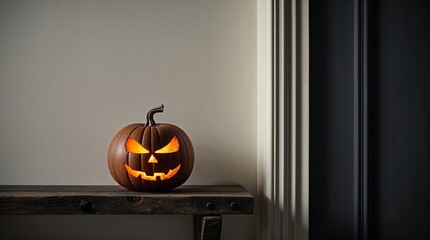Spooky Halloween Jack-O'-Lantern Illuminated on Rustic Wooden Shelf in Dark Interior Setting