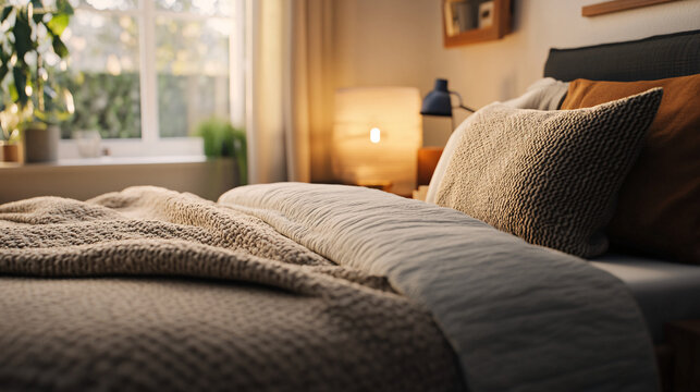 Cozy bedroom with soft bedding and warm lighting