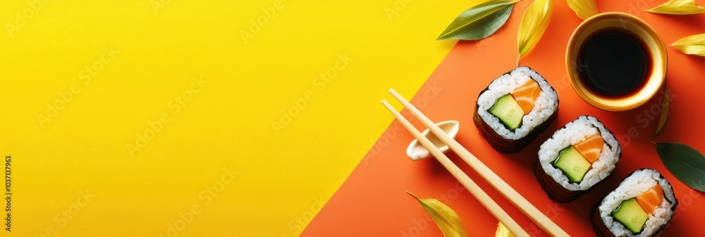 Aufkleber fresh sushi rolls featuring cucumber and soy sauce set against a vibrant background, perfect for a t