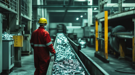 Worker in a recycling plant overseeing aluminum waste on a conveyor belt while wearing a hardhat and a mask