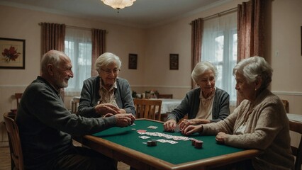 group of senior people play cards in care house
