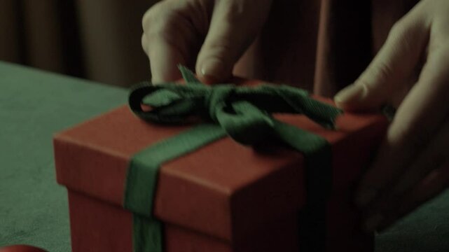 a woman prepares Christmas presents on the table at home