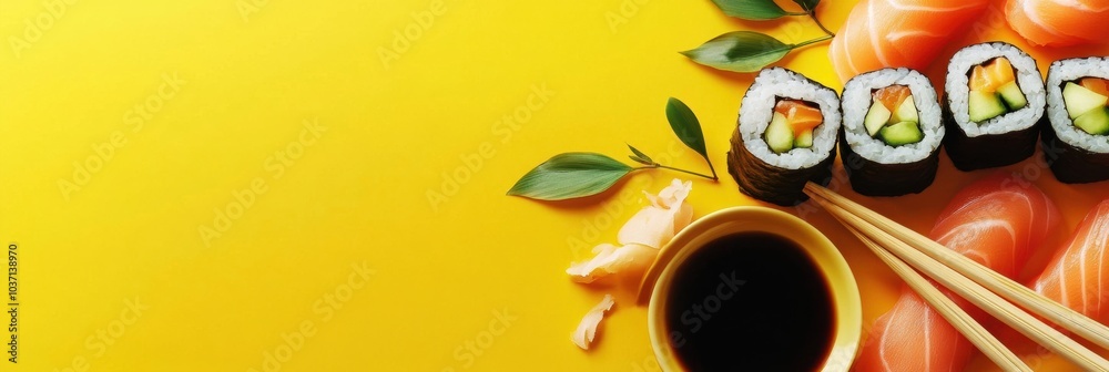 Poster sushi rolls with cucumber, served with soy sauce and chopsticks, set against a vibrant yellow backgr