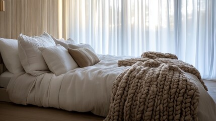 A serene and inviting bedroom with a large bed featuring soft linen sheets and a chunky knitted throw blanket. Warm light filters through sheer curtains, creating a tranquil atmosphere.