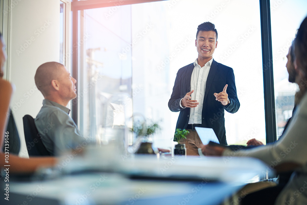 Poster Business, man and happy for proposal at boardroom in meeting for feedback, report or pitch as entrepreneur. People, employee and clients at office with presentation for project funding or partnership