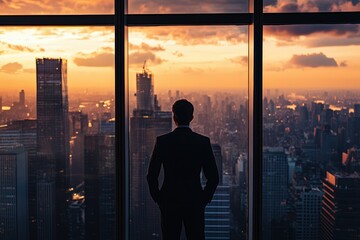 A businessman looks out over the city skyline at sunset.