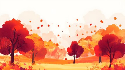 60. A colorful autumn landscape with trees in shades of orange, red, and yellow against a clear sky
