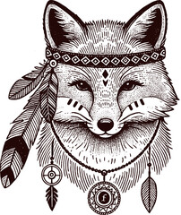 fox portrait tattoo hand drawn boho style vector
