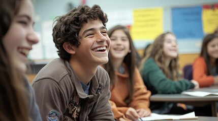 Obraz premium A classroom where one student's laughter spreads to others, illustrating emotional contagion