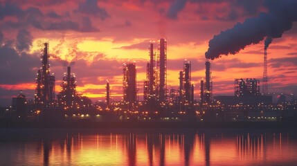 Obraz premium Industrial Complex Silhouetted Against Dramatic Sunset Sky
