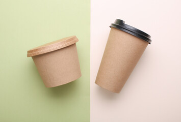 Eco cardboard round food box and craft hot drink cup, mint green background