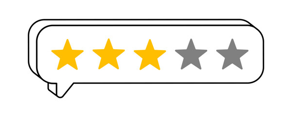 Hand drawn cute cartoon illustration of speech bubble with three rating stars. Flat vector customer positive feedback doodle. Online review sticker. Client satisfaction. Good quality. Isolated.