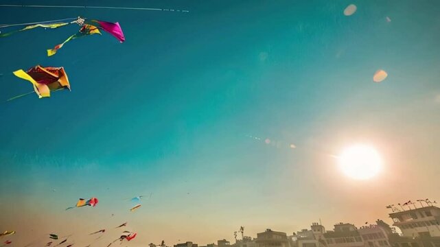 Colorful kites soaring high above sky on holiday composition