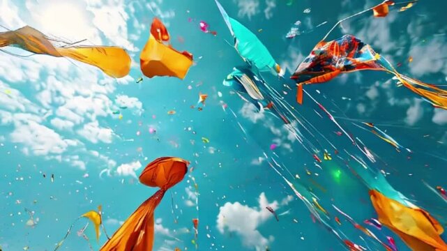 Colorful kites soaring high above sky on holiday composition