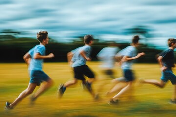 Obraz premium Energetic Capture of Friends Racing Across a Sunlit Field