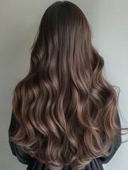 Fototapeta premium Long Wavy Brown Hair Back View Hair Care Beauty Salon Hairstyle Style Woman Model Hair Extensions